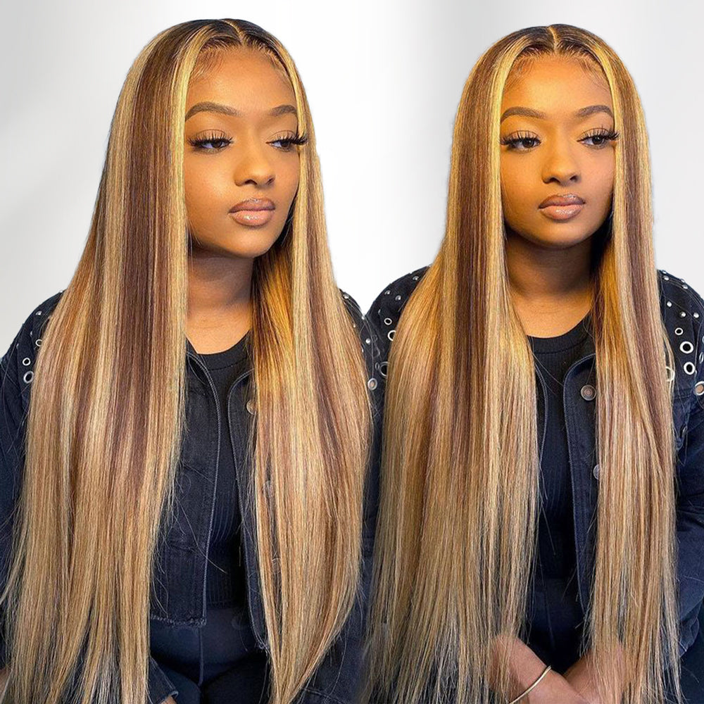Pizazz Hair Honey Blonde Highlight Silky Straight Glueless 13x6 Full Lace Wig 180% Density