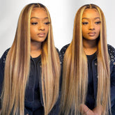 Pizazz Hair Honey Blonde Highlight Silky Straight Glueless 13x6 Full Lace Wig 180% Density
