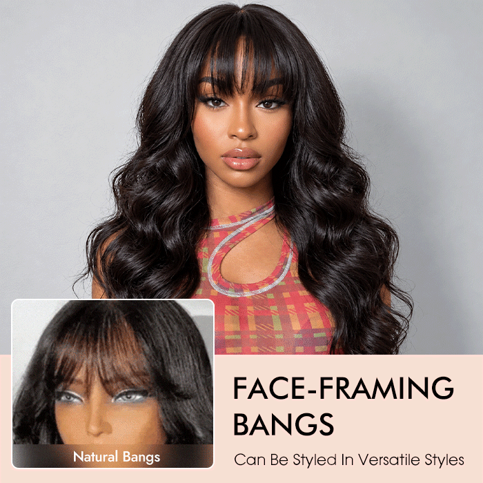 Body Wave Wig with Bangs Pre Cut 5x5 HD Lace Closure Wig Glueless Secure Drawstring Human Hair Wig