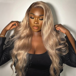 Ash Blonde Mixed Dirty Blonde  With Dark Roots 13x6 HD Glueless Human Hair Wigs 180% Density