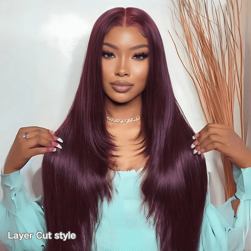 Black Cherry Layered Cut Glueless Wig 13x6 Lace Front Straight Human Hair