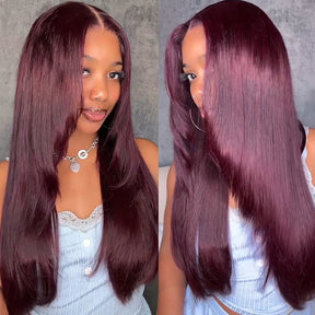 Black Cherry Layered Cut Glueless Wig 13x6 Lace Front Straight Human Hair