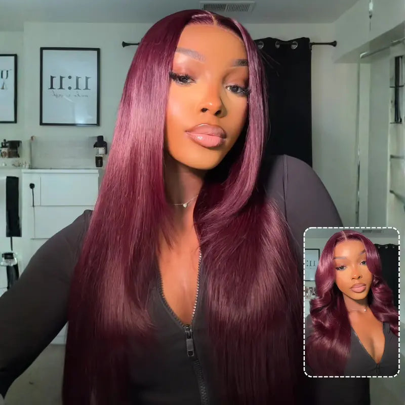 Black Cherry Layered Cut Glueless Wig 13x6 Lace Front Straight Human Hair