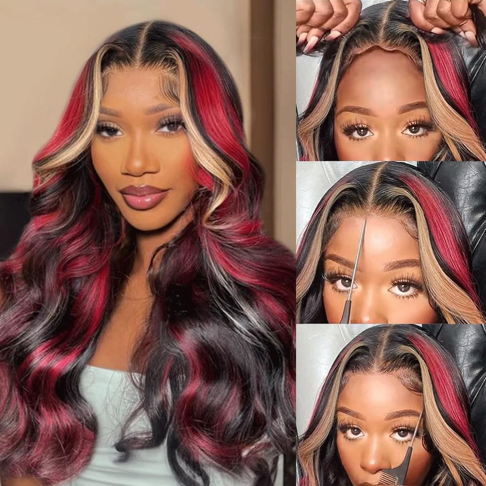 Pull & Go Glueless 13x6 HD Wig Black with Red & Blonde Highlights Loose Body Lace Human Hair Wigs