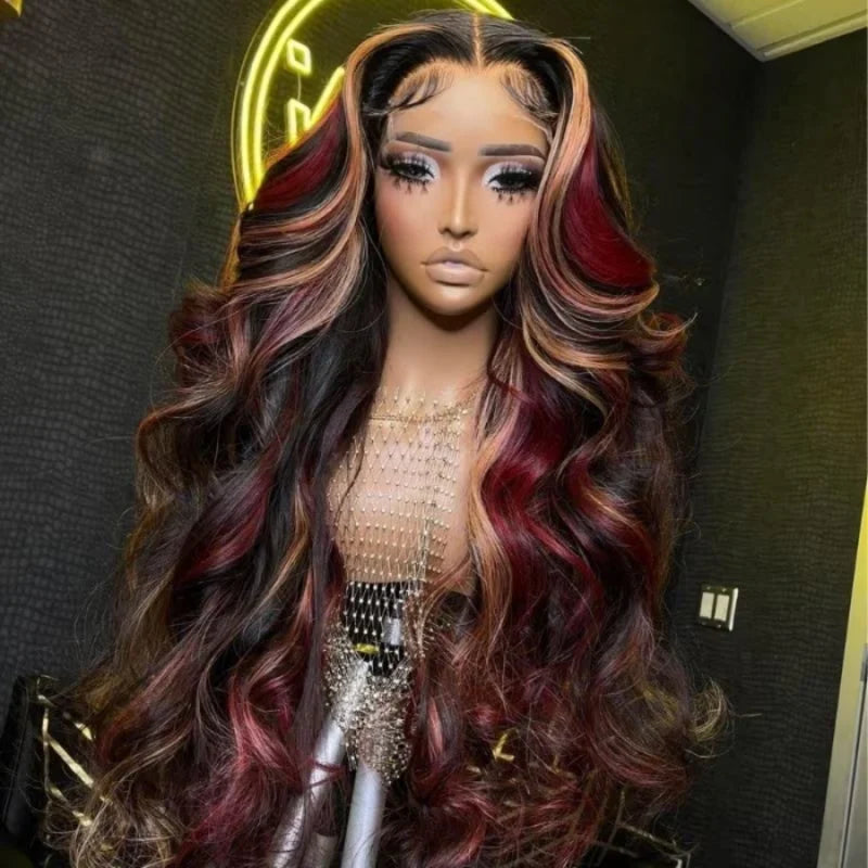 Pull & Go Glueless 13x6 HD Wig Black with Red & Blonde Highlights Loose Body Lace Human Hair Wigs