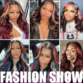 Pull & Go Glueless 13x6 HD Wig Black with Red & Blonde Highlights Loose Body Lace Human Hair Wigs