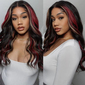 Pull & Go Glueless 13x6 HD Wig Black with Red & Blonde Highlights Loose Body Lace Human Hair Wigs