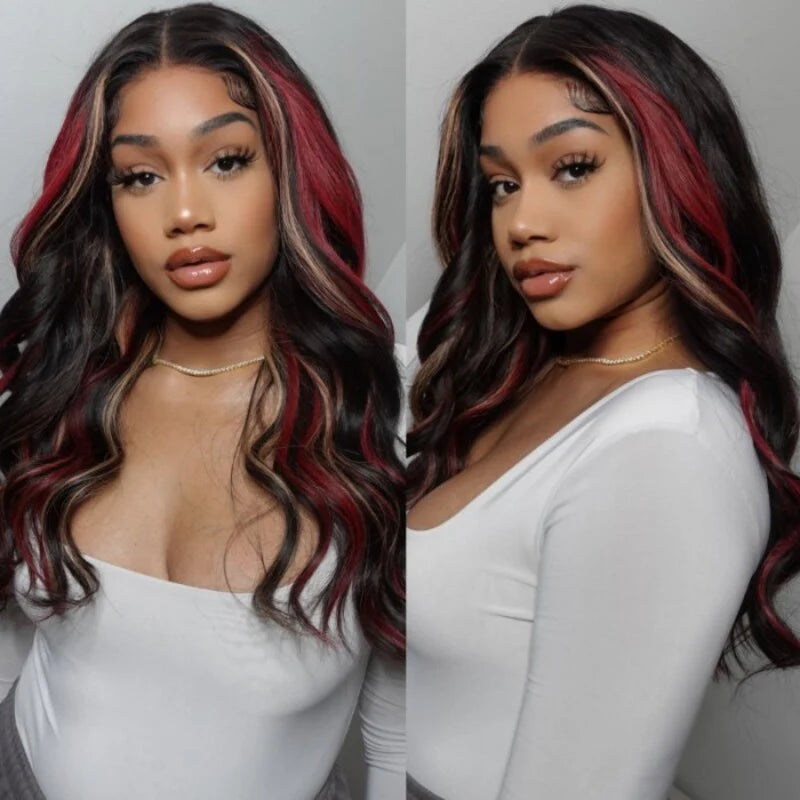 Pull & Go Glueless 13x6 HD Wig Black with Red & Blonde Highlights Loose Body Lace Human Hair Wigs