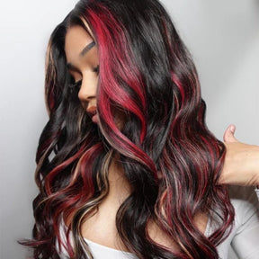 Pull & Go Glueless 13x6 HD Wig Black with Red & Blonde Highlights Loose Body Lace Human Hair Wigs