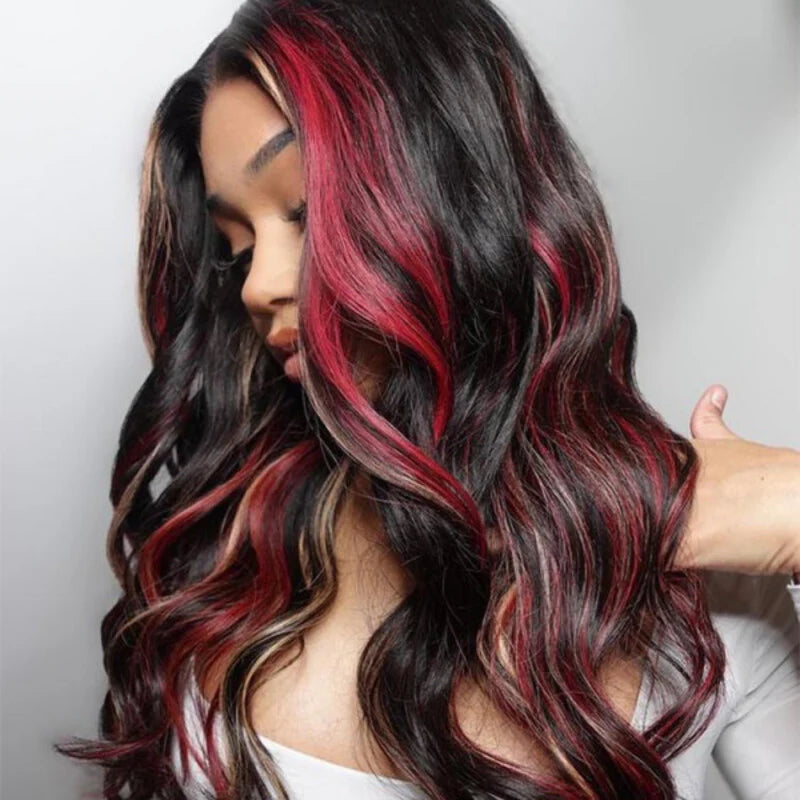 Pull & Go Glueless 13x6 HD Wig Black with Red & Blonde Highlights Loose Body Lace Human Hair Wigs