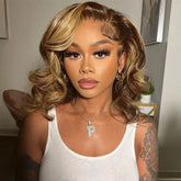 Honey Blonde Highlight 4/27 loose body Wave  13x6 Glueless Layer Wavy Bob Wig With Baby Hair