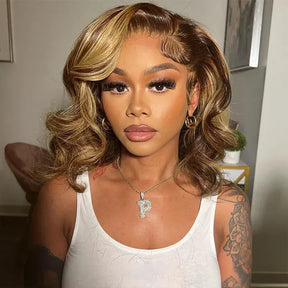 Honey Blonde Highlight 4/27 loose body Wave  13x6 Glueless Layer Wavy Bob Wig With Baby Hair