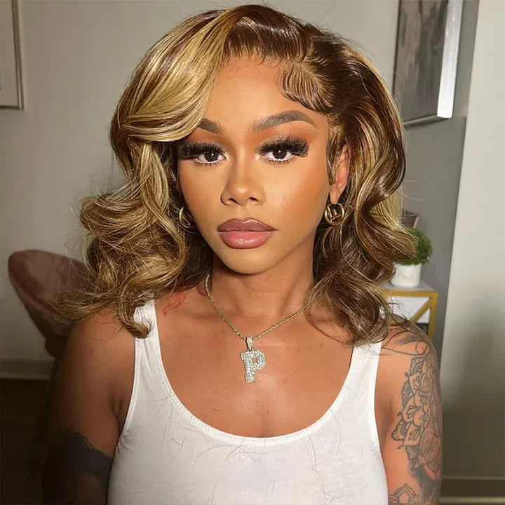 Honey Blonde Highlight 4/27 loose body Wave  13x6 Glueless Layer Wavy Bob Wig With Baby Hair