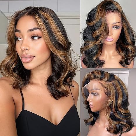 Honey Blonde Highlight 4/27 loose body Wave  13x6 Glueless Layer Wavy Bob Wig With Baby Hair