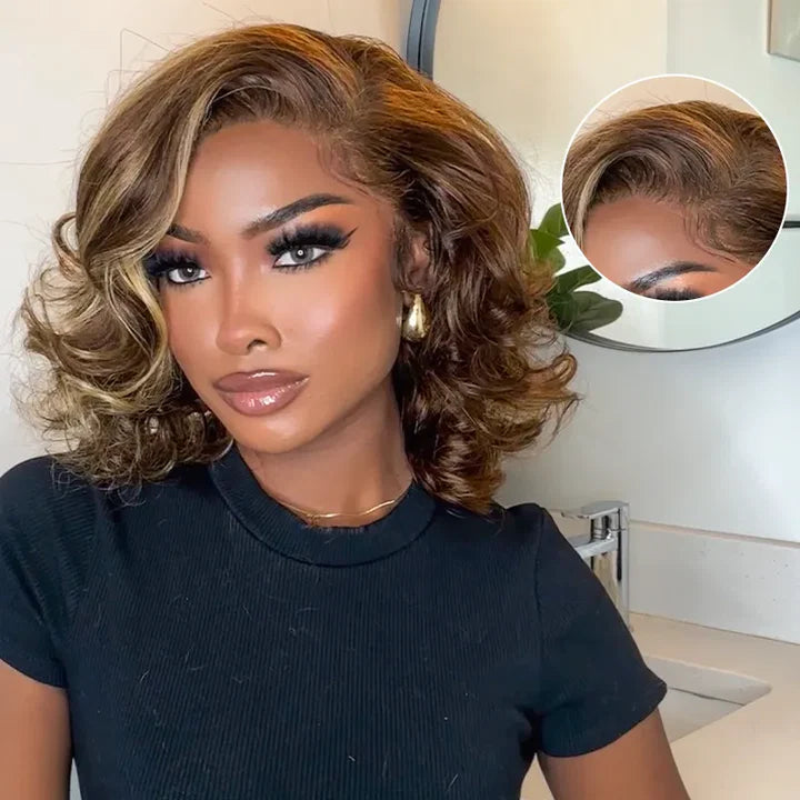 Honey Blonde Highlight 4/27 loose body Wave  13x6 Glueless Layer Wavy Bob Wig With Baby Hair