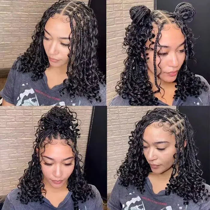 Short Boho Braids Bob Wig Water Wave Pre Cut 13x6 HD Full Lace Drawstring Human Hair