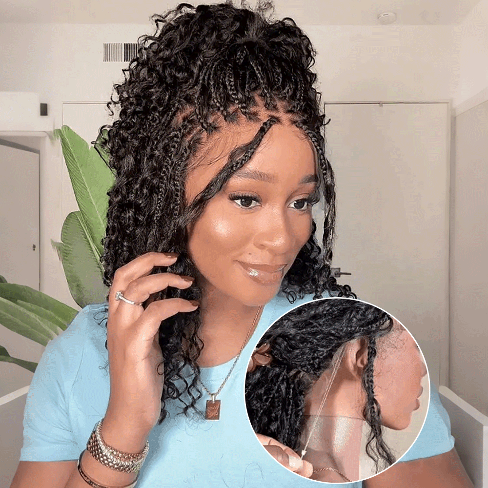 Pizazz Hair 13x6 HD Lace Human Hair Boho Braids With Curls Knotless Drawstring Wig 16 Inch