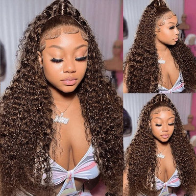 Pizazz Hair Chocolate Brown Water Wave Fit 360 Melting Lace Frontal with Drawstring Glueless Wigs 100% Human Hair