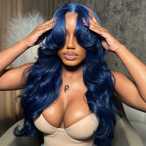 Bule Curtain Bangs Body Wave Human Hair Wig