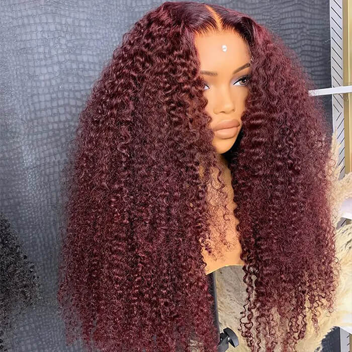 99J Burgundy Curly Human Hair Wigs Pre Cut 5x5 HD Lace Glueless Wig with Pre Plucked Hairline