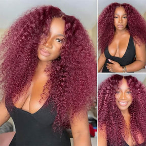 99J Burgundy Curly Human Hair Wigs Pre Cut 5x5 HD Lace Glueless Wig with Pre Plucked Hairline
