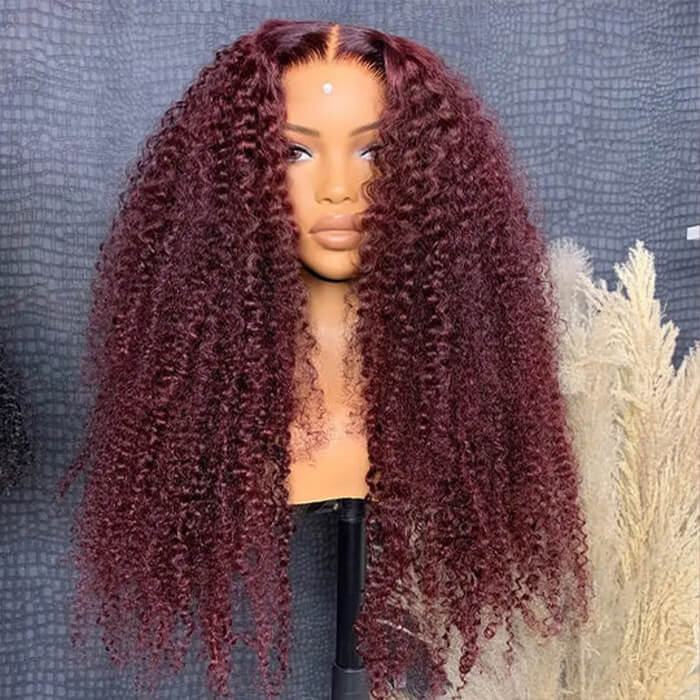 99J Burgundy Curly Human Hair Wigs Pre Cut 5x5 HD Lace Glueless Wig with Pre Plucked Hairline