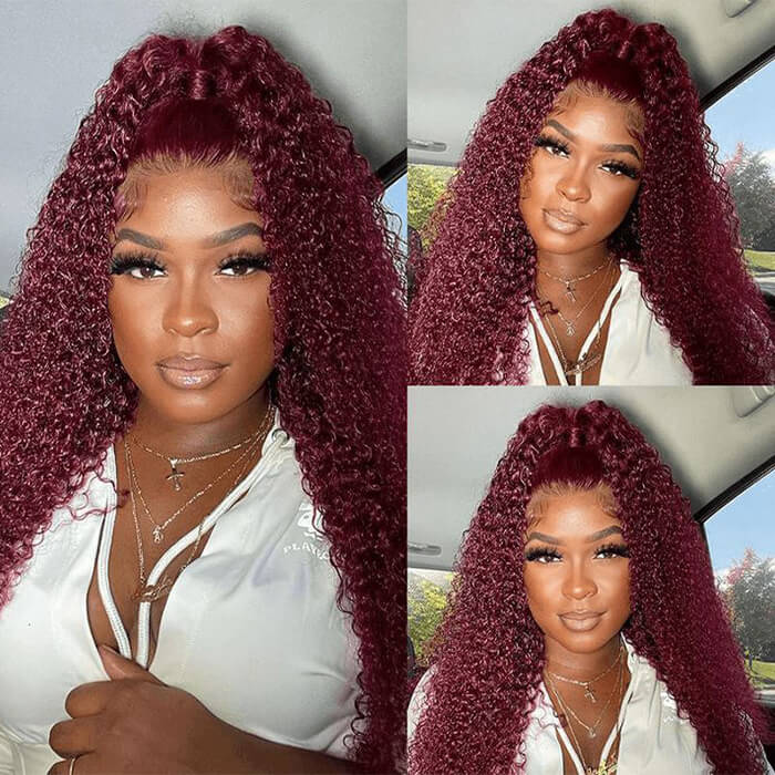 99J Burgundy Curly Human Hair Wigs Pre Cut 5x5 HD Lace Glueless Wig with Pre Plucked Hairline