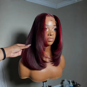 Burgundy Red Highlight Bob Wig 13x4 HD Lace Frontal Straight Remy Human Hair Wig