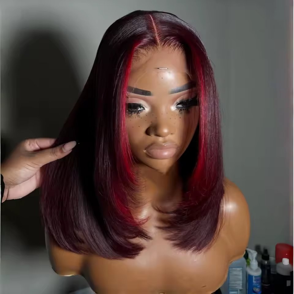 Burgundy Red Highlight Bob Wig 13x4 HD Lace Frontal Straight Remy Human Hair Wig