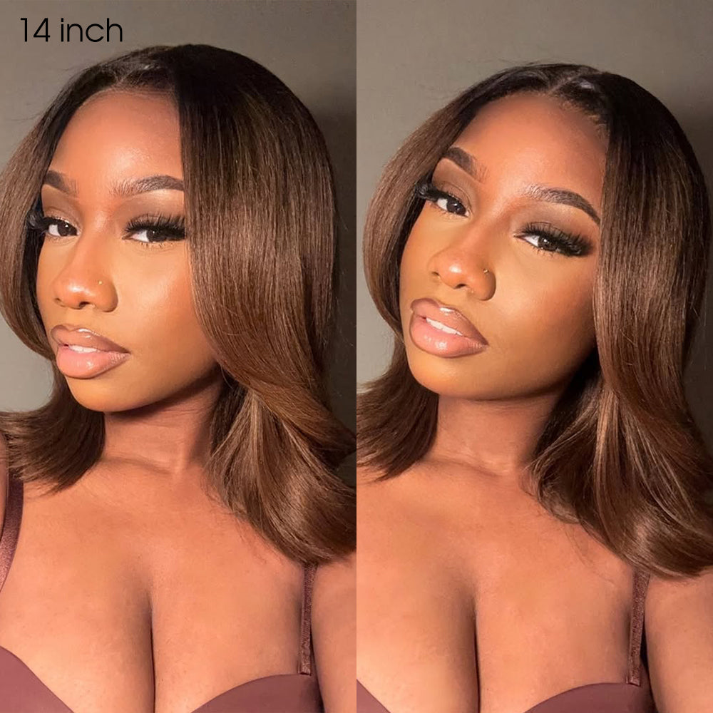 Pizazz Hair Glueless Chestnut Ombre Yaki Straight Bob Wig 8x5 Pre-Cut Lace Human Hair Wig