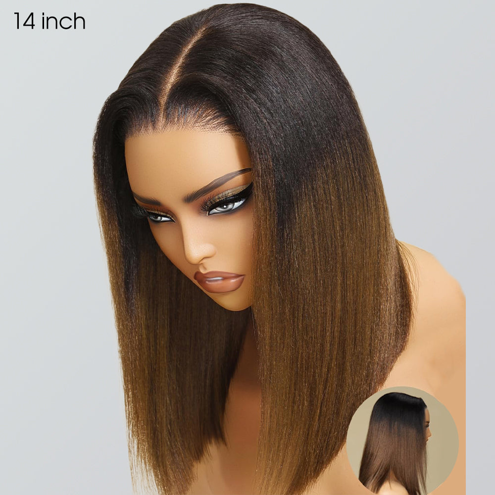 Pizazz Hair Glueless Chestnut Ombre Yaki Straight Bob Wig 8x5 Pre-Cut Lace Human Hair Wig