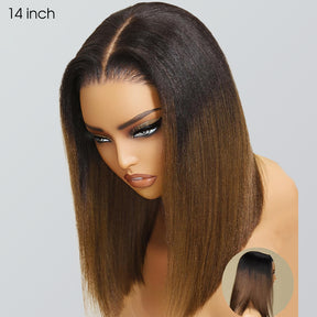 Pizazz Hair Glueless Chestnut Ombre Yaki Straight Bob Wig 8x5 Pre-Cut Lace Human Hair Wig