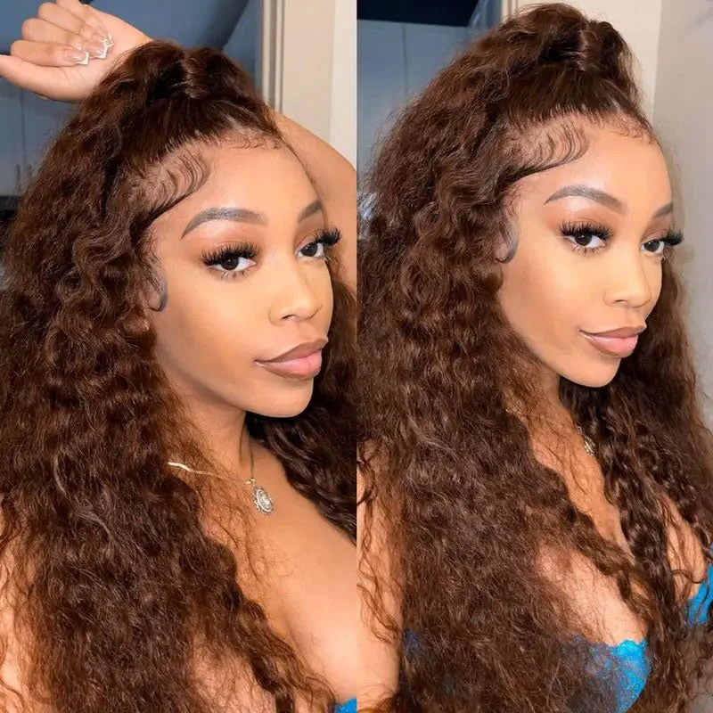 Invisi-String Water Wave Chocolate Brown  360 Lace Frontal Wigs Pre-Bleached Knots Human Hair Wig