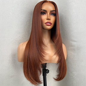 Copper Brown Straight Layer Cut Glueless Wig Pre-cut 5x5 13x4 HD Lace Human Hair Wigs with Pre plucked Hairline