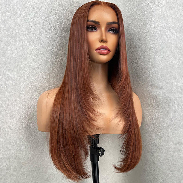 Copper Brown Straight Layer Cut Glueless Wig Pre-cut 5x5 13x4 HD Lace Human Hair Wigs with Pre plucked Hairline