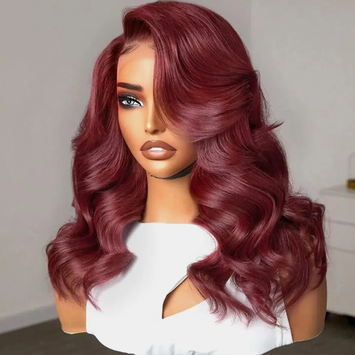 Pizazz Hair 99J Burgundy Curtain Bangs Body Wave 8×5 Pre-cut Hd Glueless Wig with Layers 180% Density