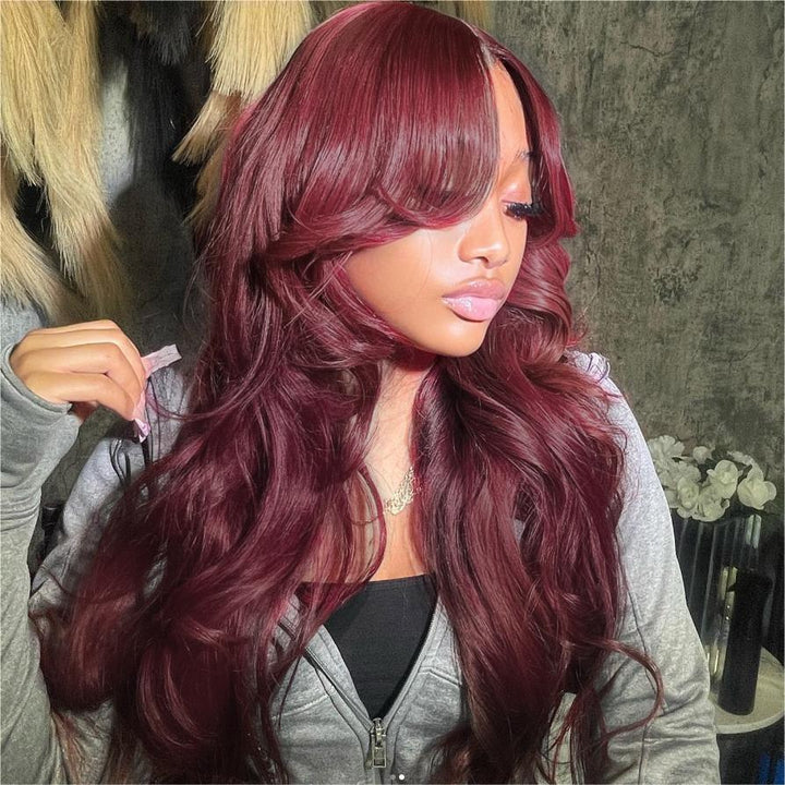 Pizazz Hair 99J Burgundy Curtain Bangs Body Wave 8×5 Pre-cut Hd Glueless Wig with Layers 180% Density