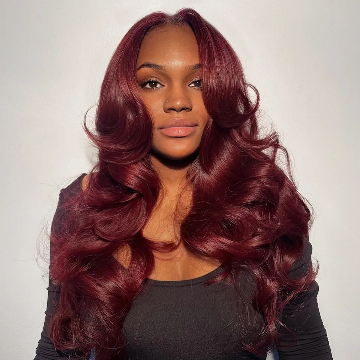 Pizazz Hair 99J Burgundy Curtain Bangs Body Wave 8×5 Pre-cut Hd Glueless Wig with Layers 180% Density