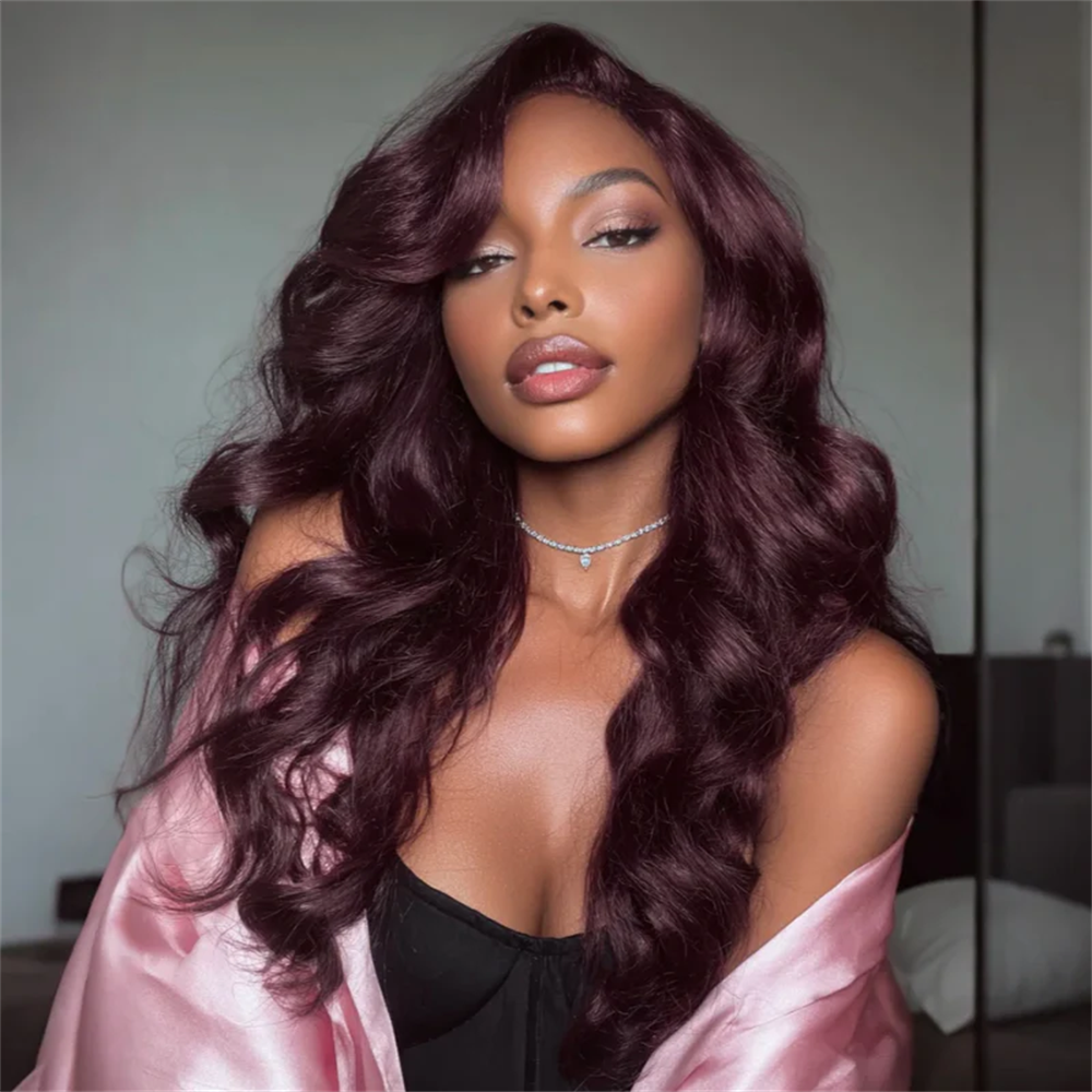 Pizazz Hair Black Cherry Curtain Bangs Body Wave Human Hair 8x5 Pre Cut Lace Glueless HD Lace Wigs  180% Density