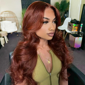 Pizazz Hair Curtain Bangs Reddish Brown Body Wave  HD Lace Frontal Wig  Human Hair Wig
