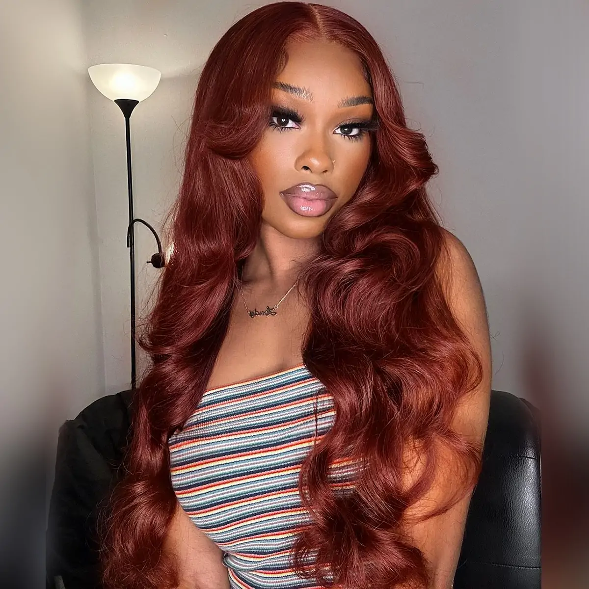 Pizazz Hair Curtain Bangs Reddish Brown Body Wave  HD Lace Frontal Wig  Human Hair Wig