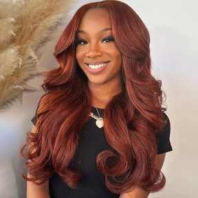Pizazz Hair Curtain Bangs Reddish Brown Body Wave  HD Lace Frontal Wig  Human Hair Wig