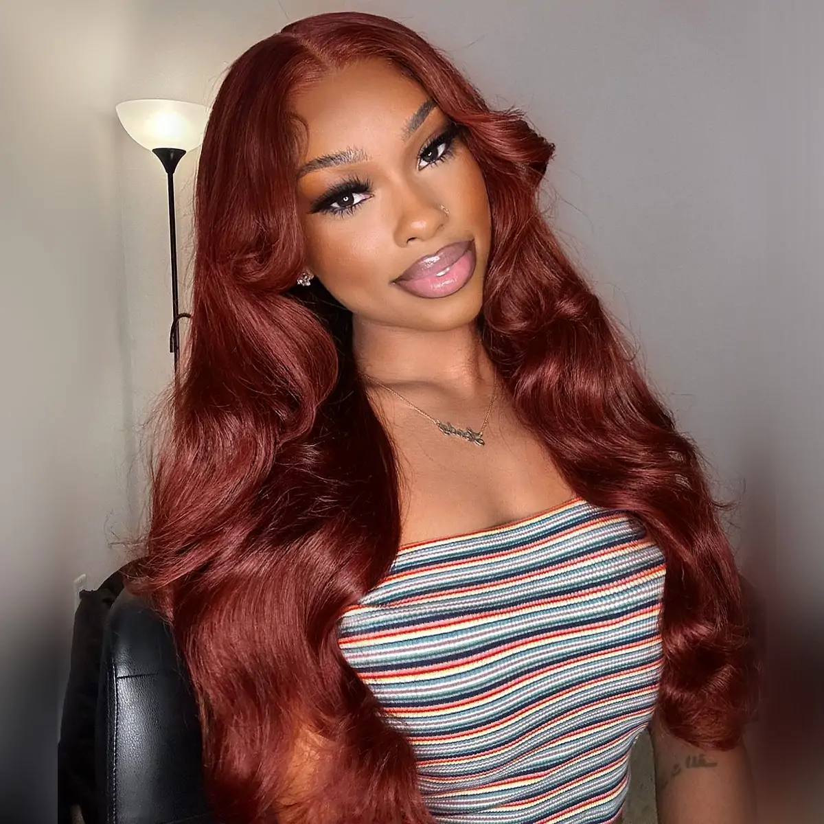 Pizazz Hair Curtain Bangs Reddish Brown Body Wave  HD Lace Frontal Wig  Human Hair Wig
