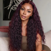 Deep Wave Wig with Natural Hairline Glueless HD Lace Human Hair Front Wig Pre Cut Lace 220% Density Rich Dark Plum Colored Wig