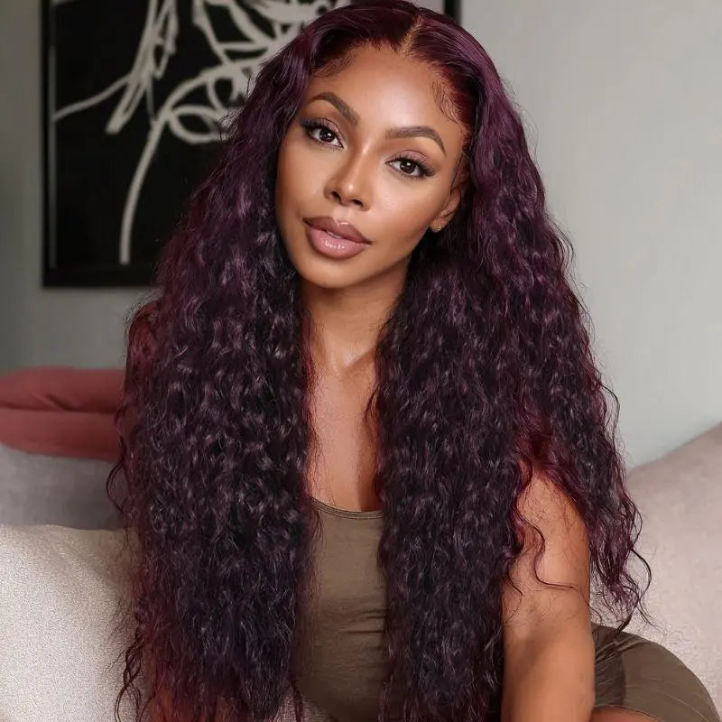 Deep Wave Wig with Natural Hairline Glueless HD Lace Human Hair Front Wig Pre Cut Lace 220% Density Rich Dark Plum Colored Wig