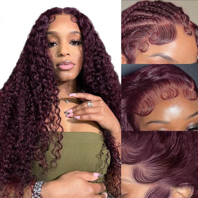 Deep Wave Wig with Natural Hairline Glueless HD Lace Human Hair Front Wig Pre Cut Lace 220% Density Rich Dark Plum Colored Wig