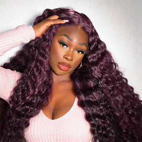 Deep Wave Wig with Natural Hairline Glueless HD Lace Human Hair Front Wig Pre Cut Lace 220% Density Rich Dark Plum Colored Wig