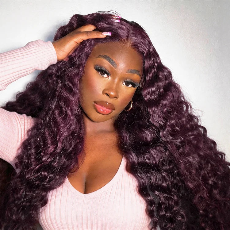 Deep Wave Wig with Natural Hairline Glueless HD Lace Human Hair Front Wig Pre Cut Lace 220% Density Rich Dark Plum Colored Wig