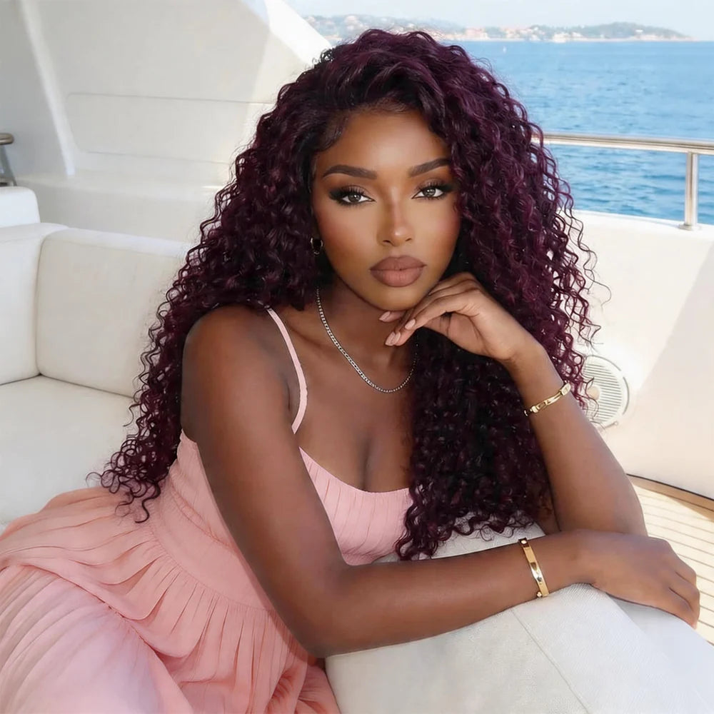 Deep Wave Wig with Natural Hairline Glueless HD Lace Human Hair Front Wig Pre Cut Lace 220% Density Rich Dark Plum Colored Wig
