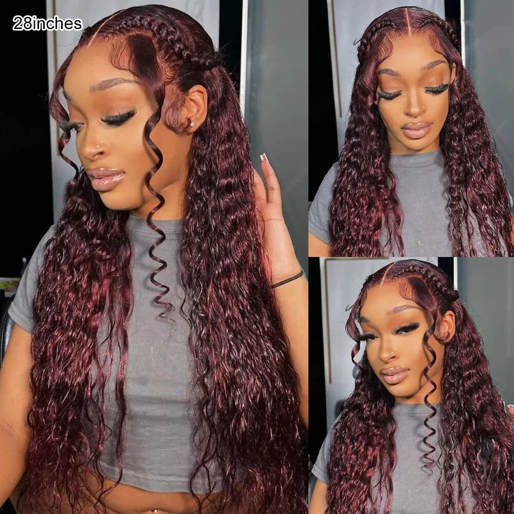 Deep Wave Wig with Natural Hairline Glueless HD Lace Human Hair Front Wig Pre Cut Lace 220% Density Rich Dark Plum Colored Wig